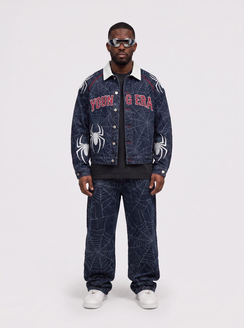 YE Spider Web Denim Jacket & Jeans Set