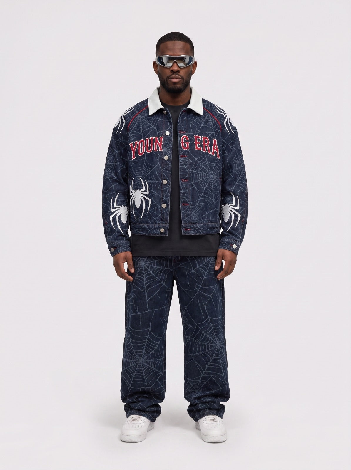 YE Spider Web Denim Jacket & Jeans Set