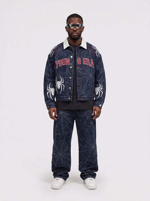 YE Spider Web Denim Jacket & Jeans Set