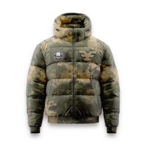 A lightweight camouflage puffer jacket with custom logos on the chest, featuring a rugged camo pattern and quilted design. Perfect for staying warm and stylish during outdoor activities or casual wear. Available for custom design services.