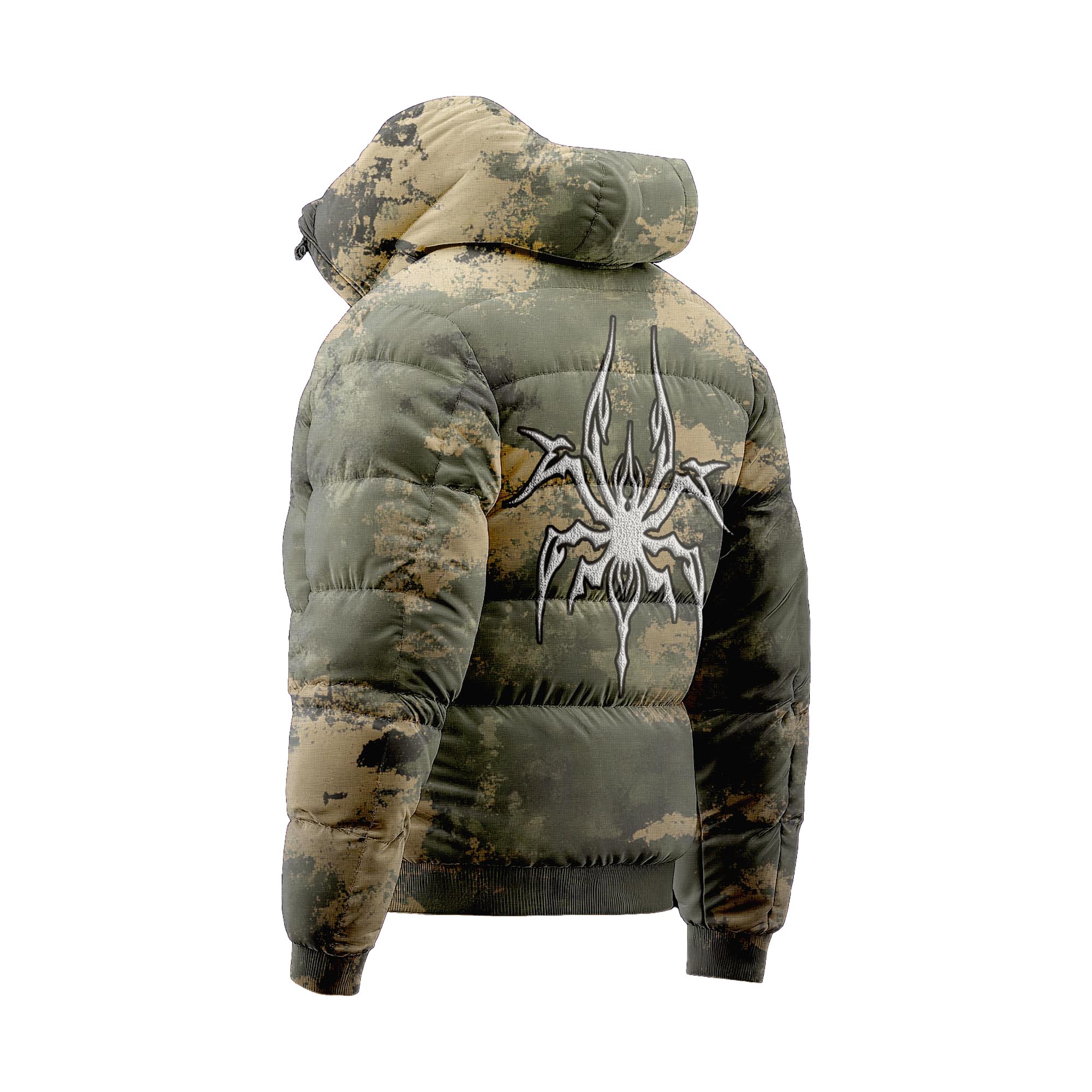 A lightweight camouflage puffer jacket with custom logos on the chest, featuring a rugged camo pattern and quilted design. Perfect for staying warm and stylish during outdoor activities or casual wear. Available for custom design services.